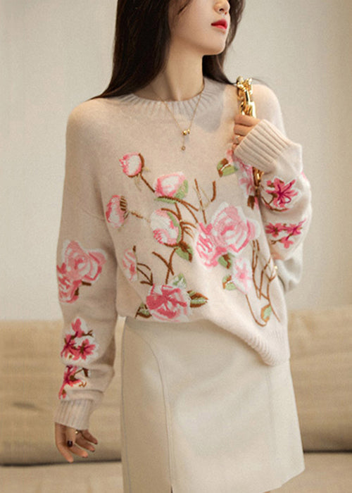 Apricot O-neck Embroideried Patchwork Woolen Top Fall