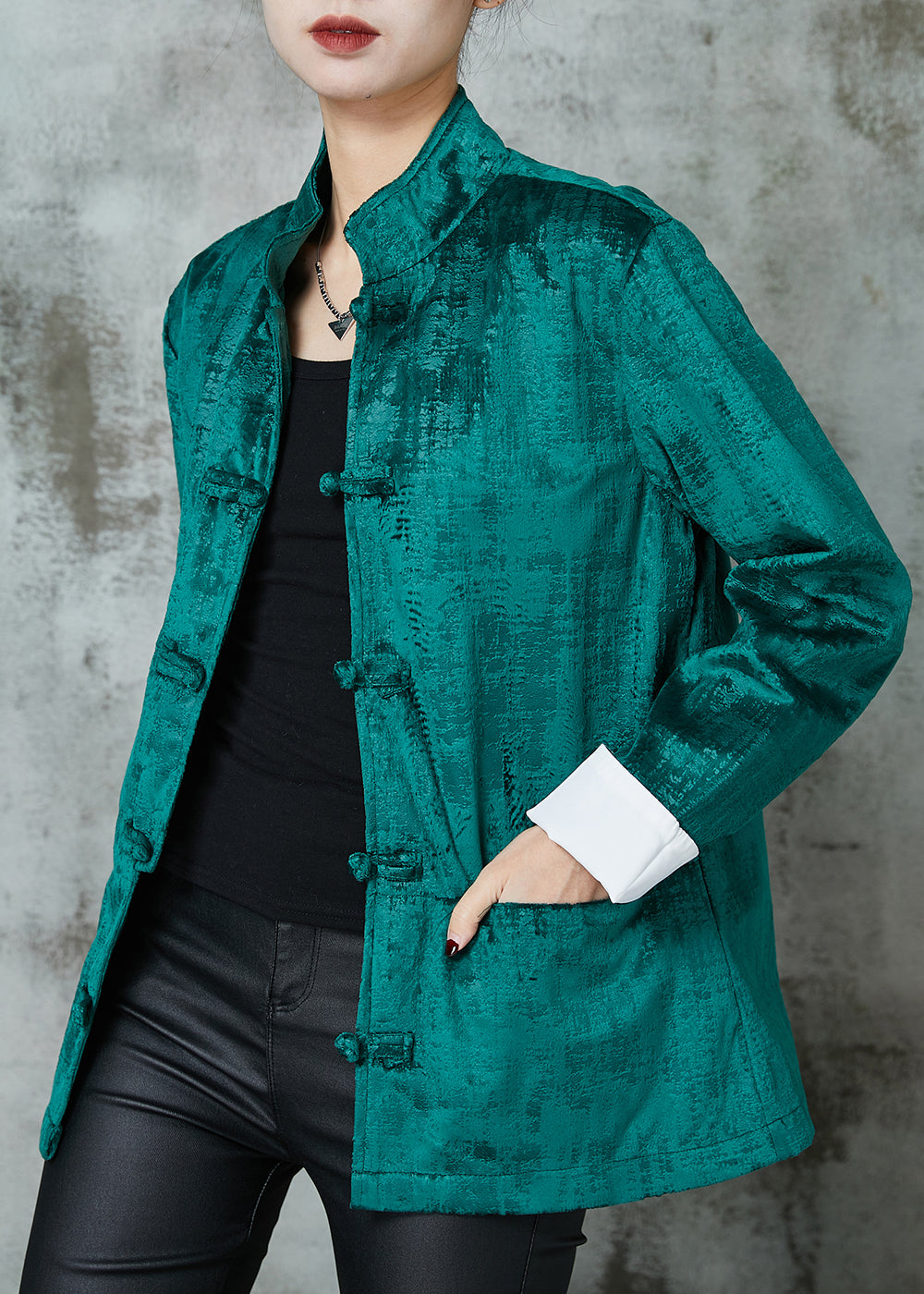 Peacock Green Stand Collar Chinese Button Cotton Coats Spring