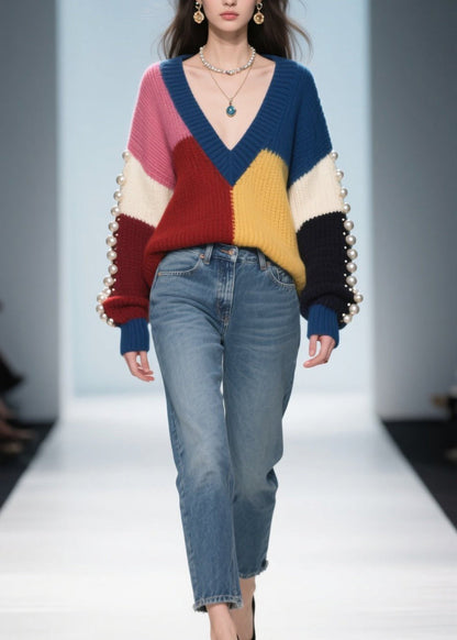 Colorblock Nail Bead Patchwork Knit Pullover Fall