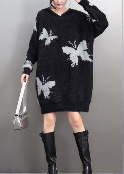 Black V Neck Thick Print Cotton Knit Sweaters Winter