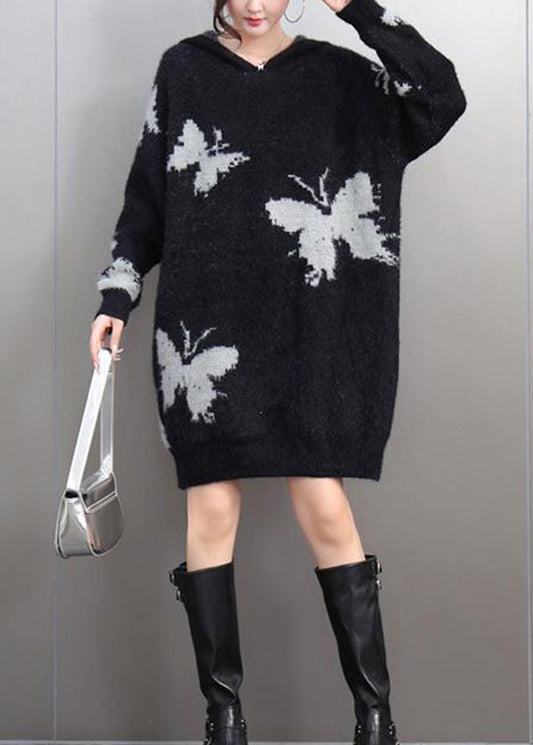 Black V Neck Thick Print Cotton Knit Sweaters Winter