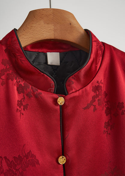 Red Jacquard Patchwork Feather Silk Vests Fall