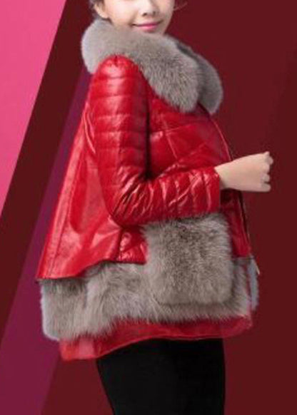 Red Fox Collar Patchwork Duck Down Down Sheepskin Coat Winter