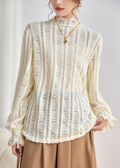 Beige Hollow Out Lace Shirt Tops Fall