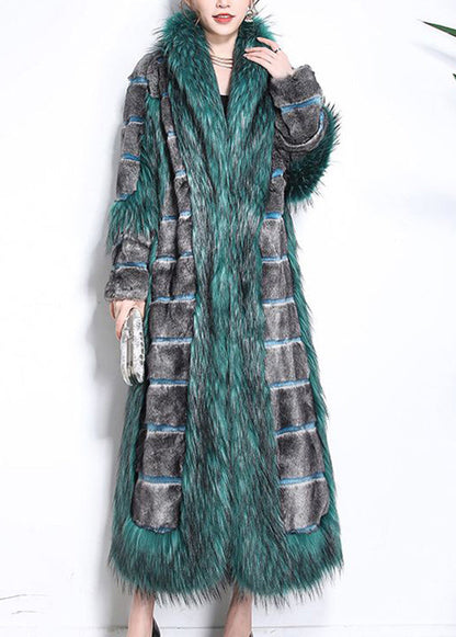 Green Fur Collar Patchwork Striped Fuzzy Fur Fluffy Coats Winter