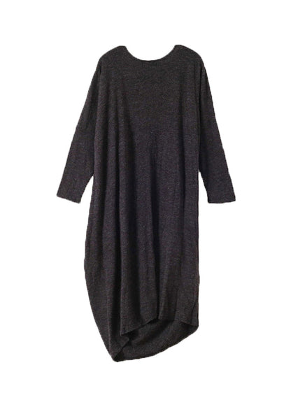 Black O-neck Low High Design Wool Knit Maxi Sweater Dress Fall