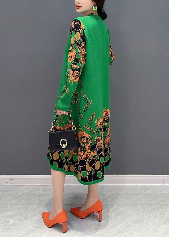 Simple Green V Neck Print Knit a Line Dress Spring