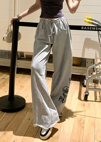Grey Print Pockets Elastic Waist Cotton Pants Summer