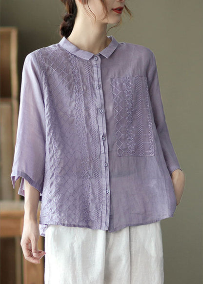 Natural Purple Peterpan Collar Button Embroideried Fall Top Long Sleeve
