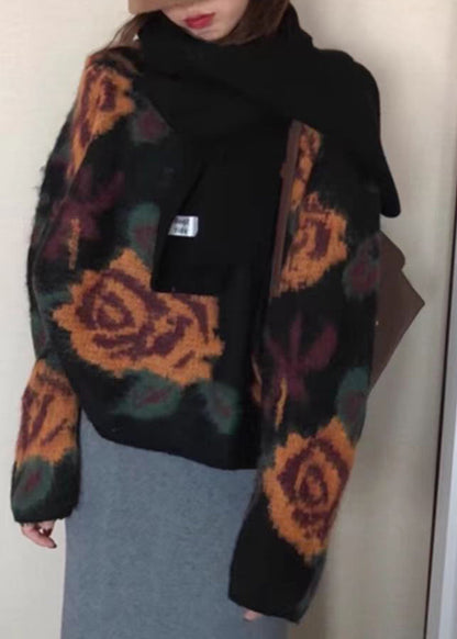 French Black O Neck Jacquard Knit Sweater Tops Spring