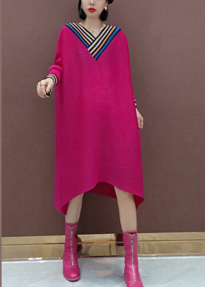 Loose V Neck Asymmetric Spring Clothes Photography Red Art Dresses
