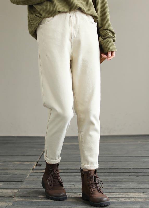 Beige Trousers Spring Elastic Waist Fabrics Pant