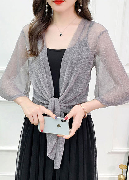 Loose Grey V Neck Lace Up Tulle Cardigans Half Sleeve Spring