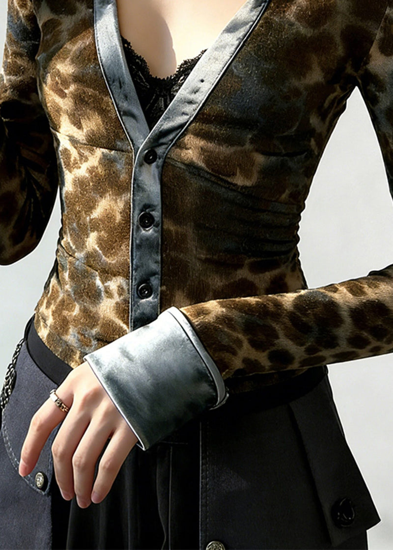 Leopard Print V Neck Patchwork Cotton Blouses Spring