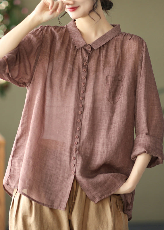 Purple Peter Pan Collar Button Linen Shirt Long Sleeve