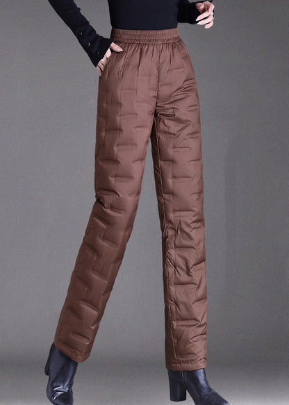 Brown Pockets Elastic Waist Duck Down Filled Pants Winter