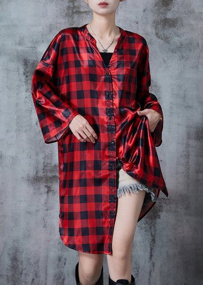 Red Oversized Plaid Shirt Dresses Fall