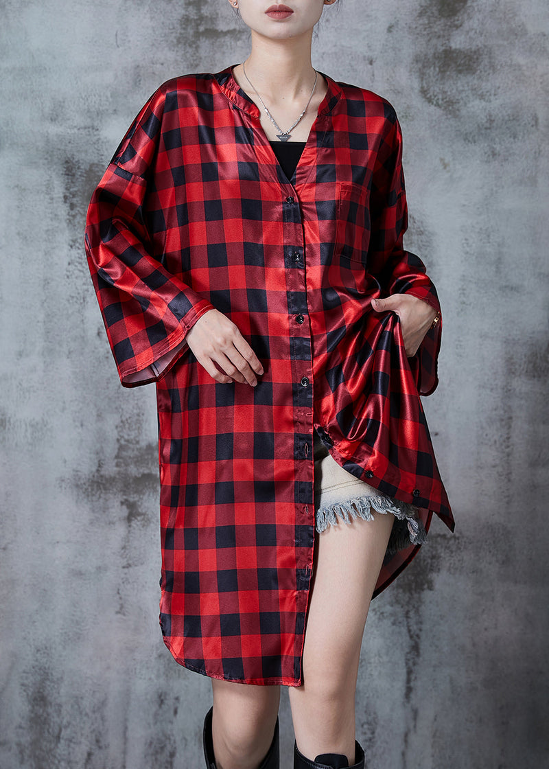 Red Oversized Plaid Shirt Dresses Fall