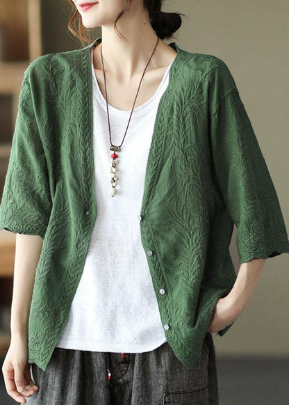 White Cotton V Neck Embroideried Half Sleeve Tops