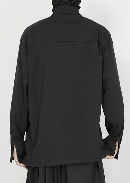 Chinese Style Black Stand Collar Embroideried Patchwork Cotton Shirt Fall