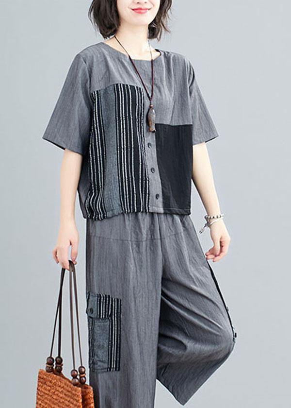 Grey Patchwork Print Two Piece Set Clothing Summer Linen
