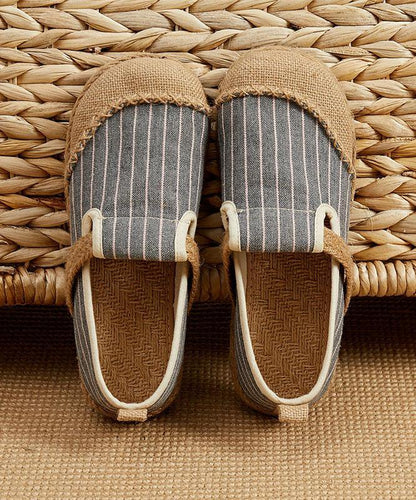 Beige Striped Cotton Linen Flat Flat Shoes for