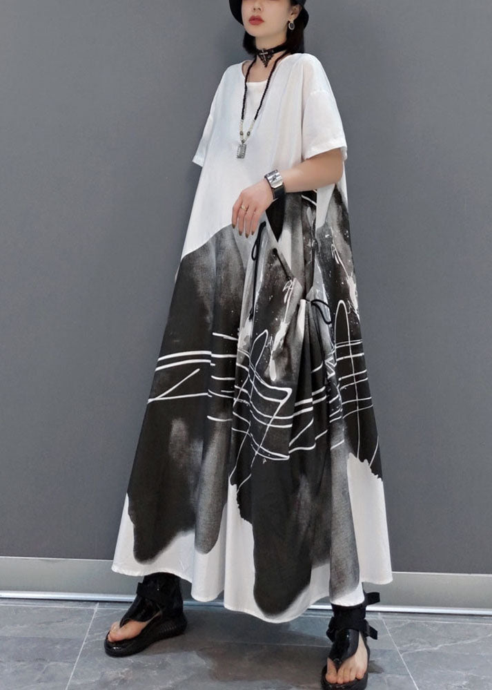 Italian Black Asymmetrical Drawstring Print Patchwork Ankle Dress Spring