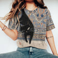 Women's Black Cat Ethnic Print Vintage Washed T-shirt elevenforest