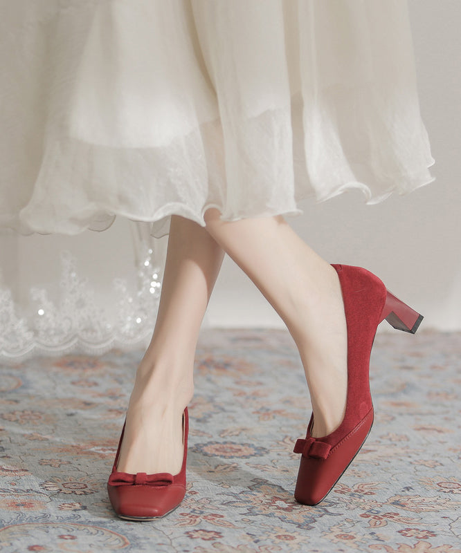 Wine Red Suede Bow Splicing Chunky Heel
