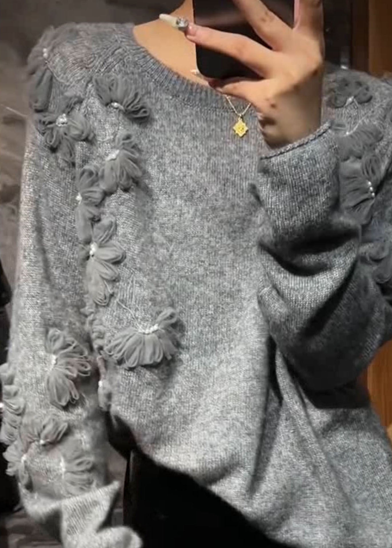Grey O-neck Cotton Knit Sweater Fall