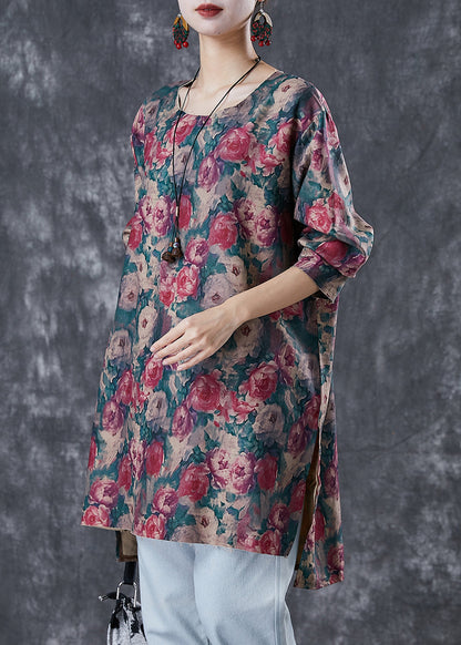 Red Print Side Open Linen Mini Dresses Fall