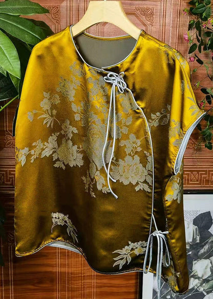 Jacquard Yellow O-neck Lace Up Patchwork Silk Tops Summer