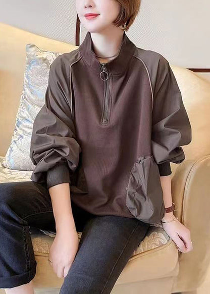Coffee Zip Up Pockets Patchwork Cotton Sweatshirts Fall
