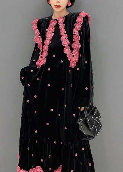 French Black O Neck Silk Velour Maxi Dress Winter