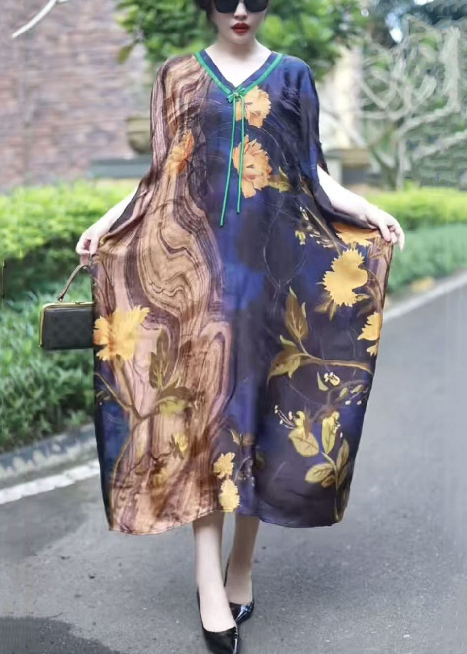 French Colorblock V Neck Print Silk Long Dress Summer