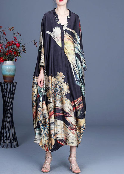 Italian Black Print Button Summer Spring Chiffon Dress