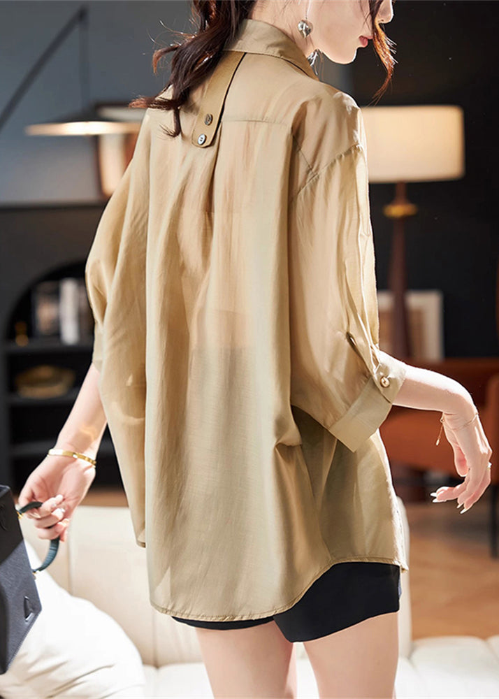 Khaki Peter Pan Collar Patchwork Button Shirts Half Sleeve