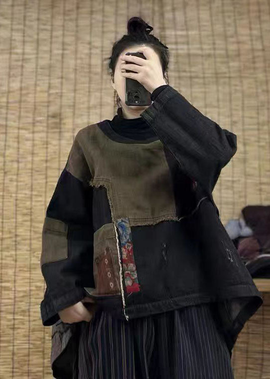 Loose Black Low High Design O-neck Patchwork Sweatshirts Spring