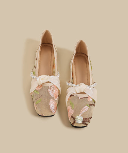 Retro Pink Embroidered Splicing Flat Shoes for