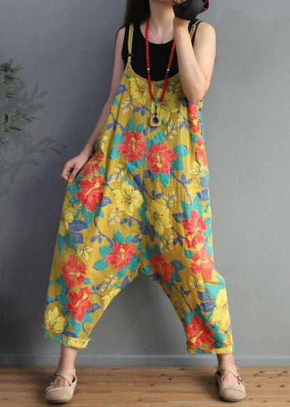 Yellow Print High Waist Cotton Jumpsuit Sleeveless