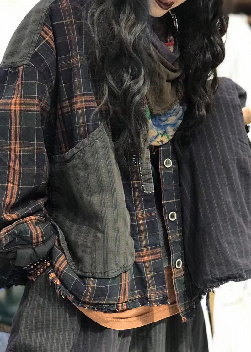 Black Pockets Peter Pan Collar Plaid Patchwork Coats Spring