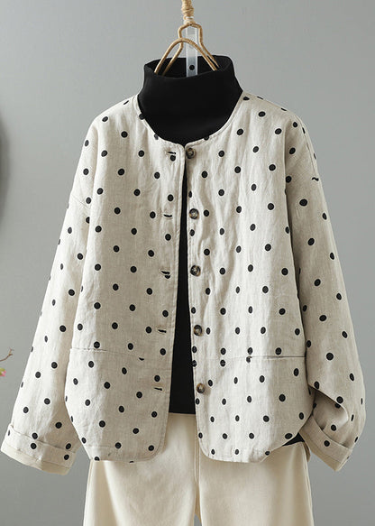 Apricot O Neck Pockets Dot Print Fine Cotton Filled Jackets Spring