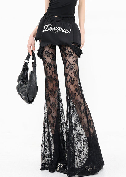 Black False Two Pieces Patchwork Lace Flared Trousers Summer