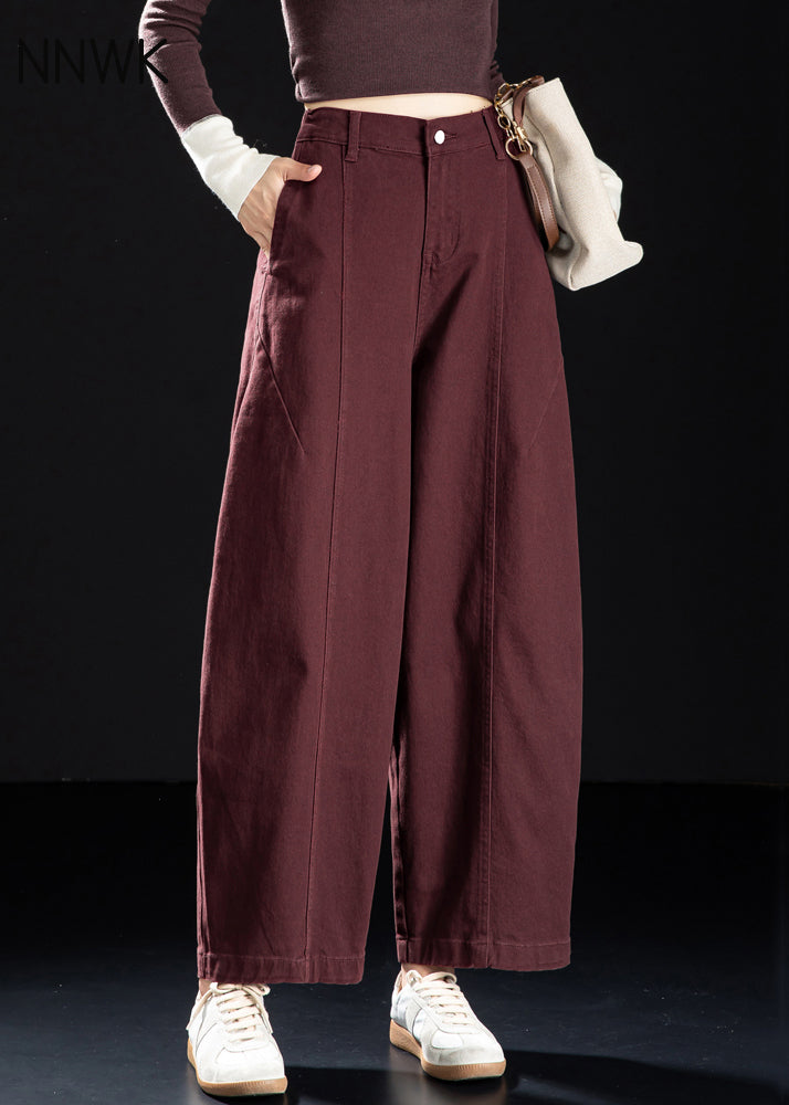 Wine Red Pockets Elastic Waist Denim Crop Pants Spring