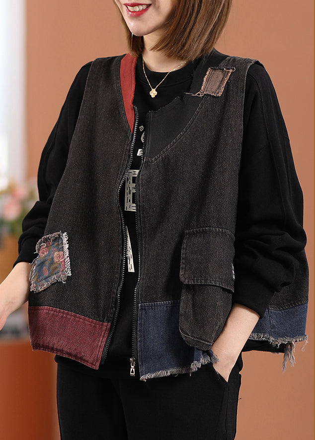 Black O-neck Print Pockets Denim Waistcoat Sleeveless