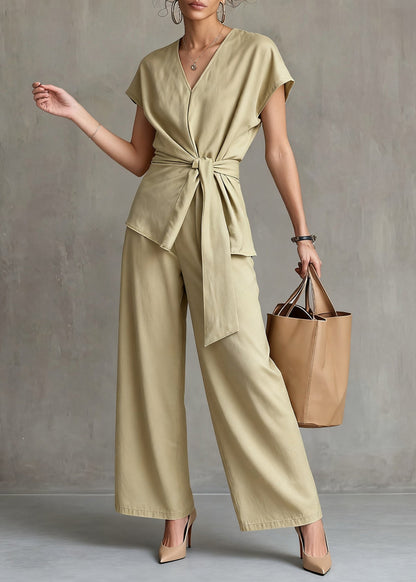 New Yellow V Neck Tie Waist Tops and Wide Leg Pants Linen Two Pieces Set Summer