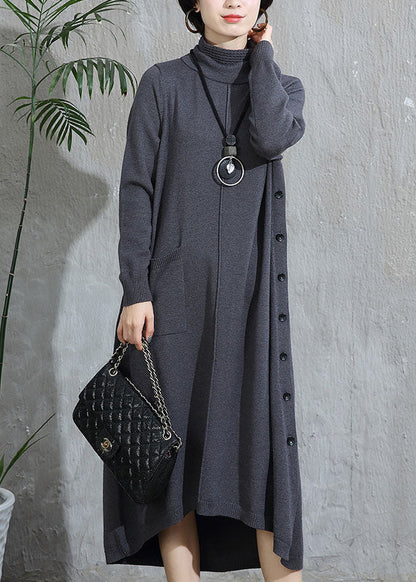 Grey Turtleneck Pockets Patchwork Woolen Sweater Dress Fall