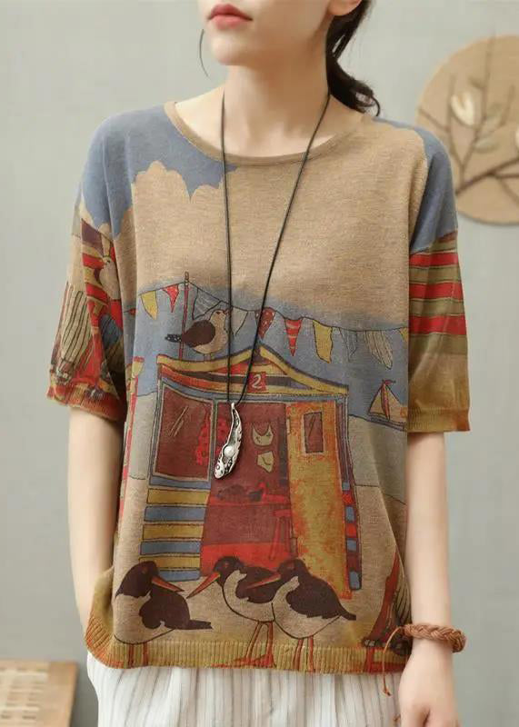 Camel O Neck Print Cotton Knit T Shirt Top Summer