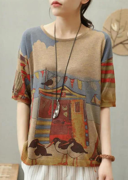 Camel O Neck Print Cotton Knit T Shirt Top Summer