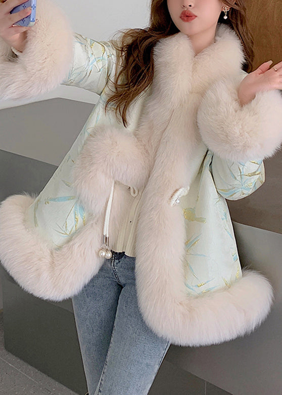 Beige Fox Collar Embroideried Leather and Fur Coats Winter